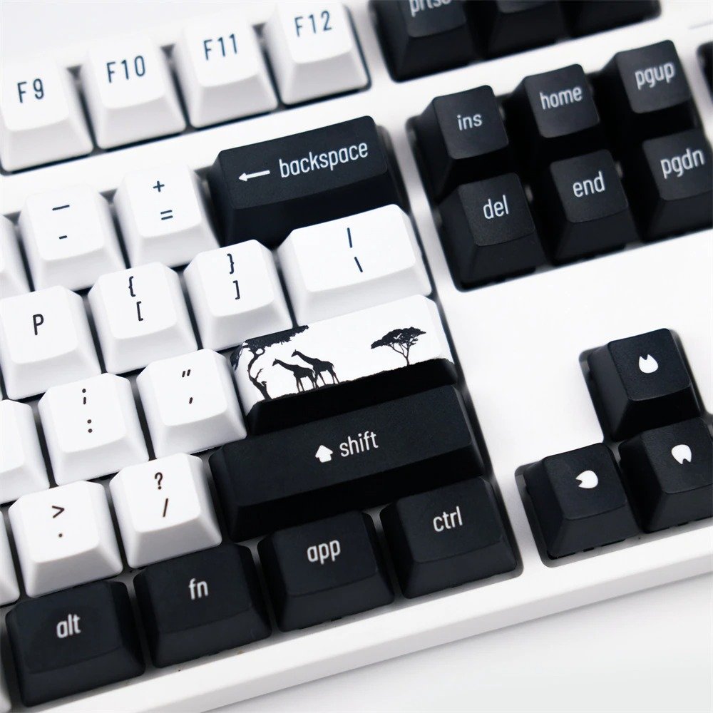 Nature Theme Giraffe Keycaps Set in Forest Black White and Rain Forest Tones