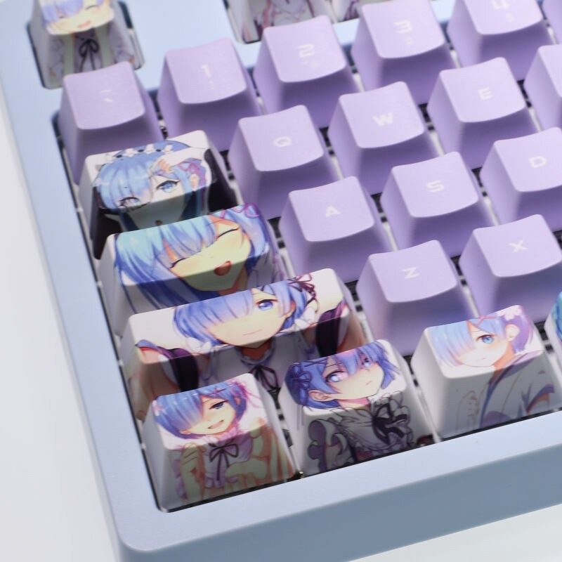 Elegant Purple Keycaps Set with Cute Rem from ReZero Anime