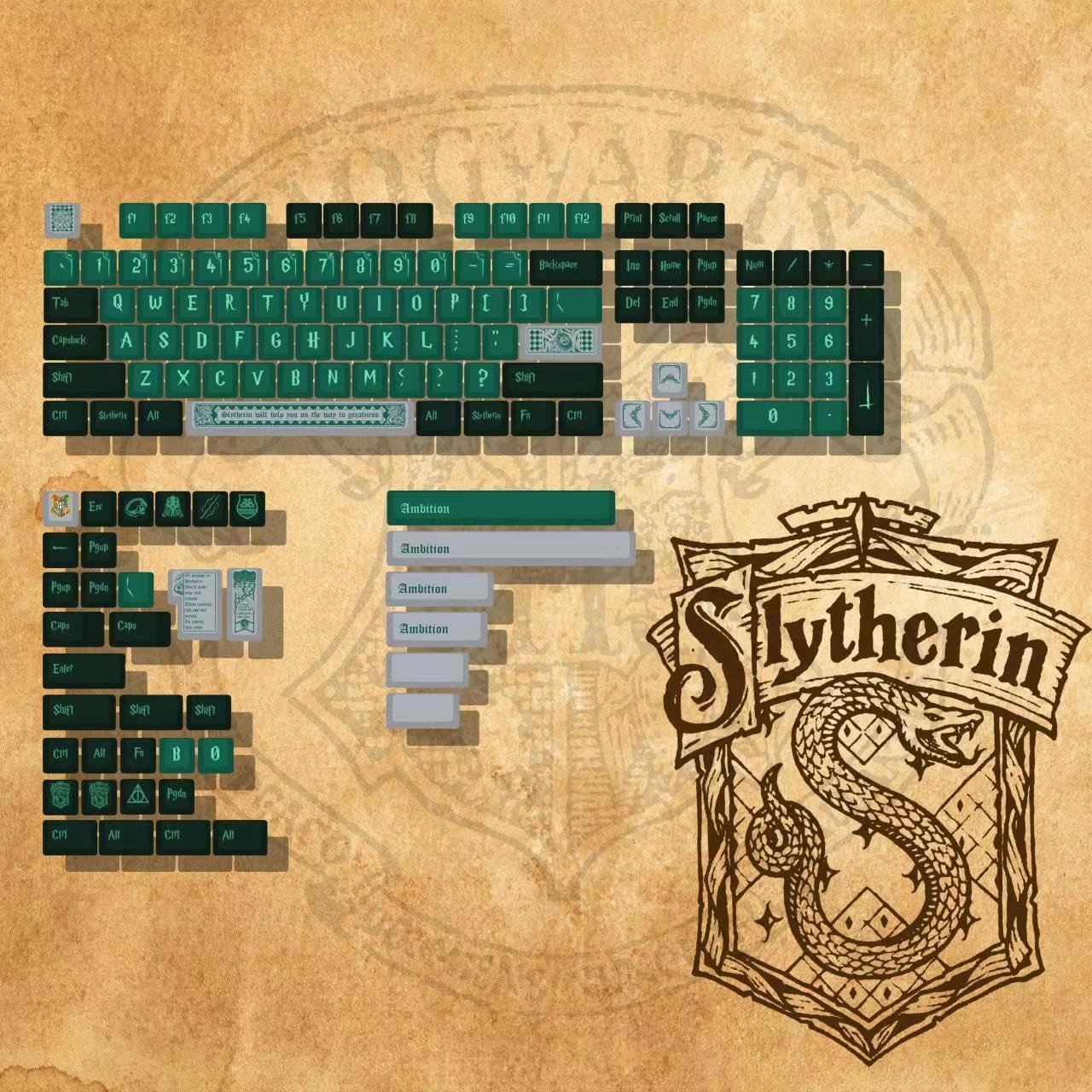 Celebrate Harry Potter with Custom Slytherin Green and Grey Hogwarts Keycaps Set